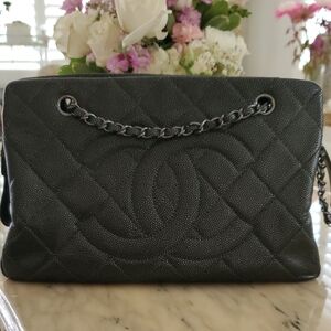 CHANEL Metalic Charcoal Quilted Shoulder Bag with Chain Strap